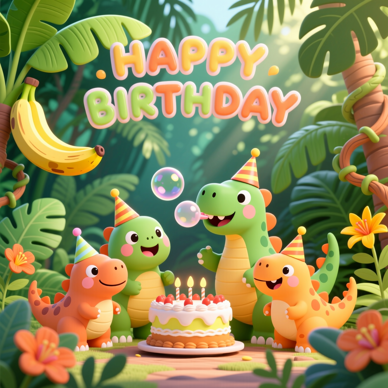 Pôster divertido de festa infantil de feliz aniversário com dinossauros, feito com a IA da Pixazo