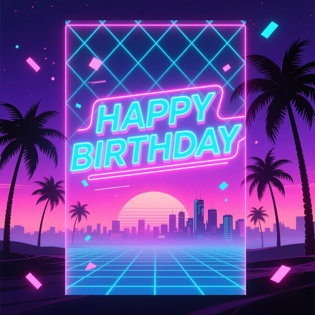 Pôster de feliz aniversário em neon retrô synthwave moderno, feito com a IA da Pixazo