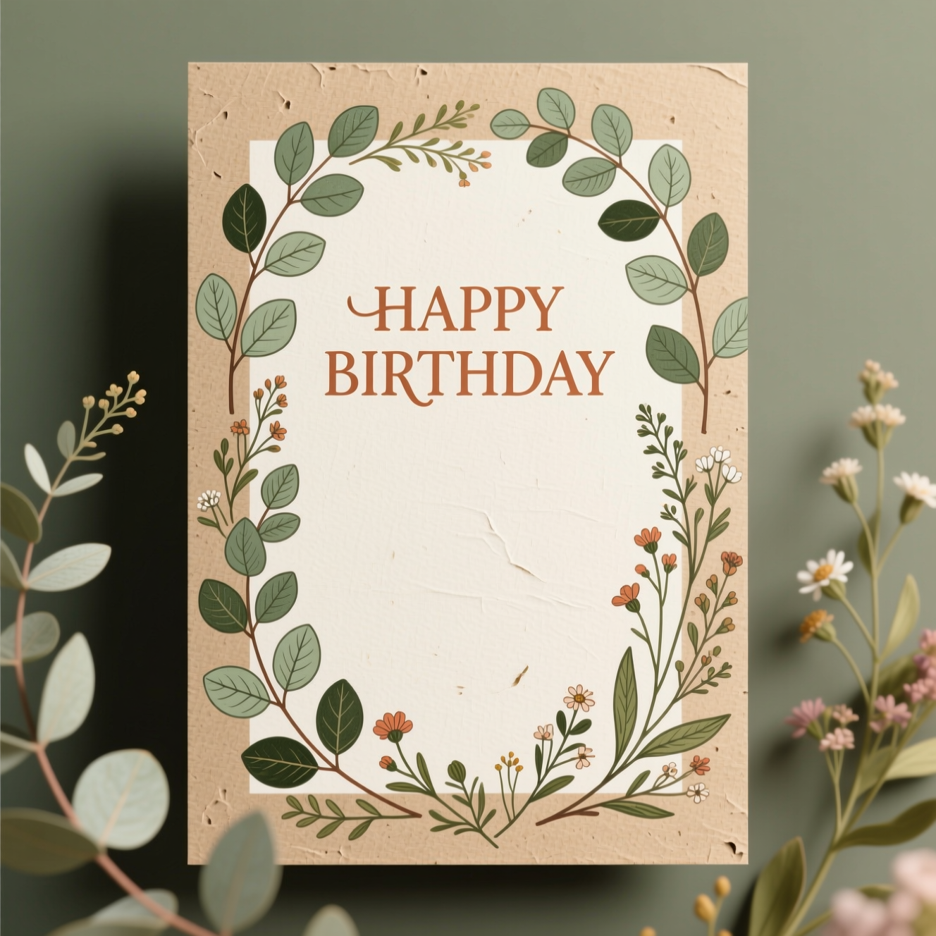 Pôster de feliz aniversário botânico e rústico com eucalipto e flores do campo, feito com a IA da Pixazo