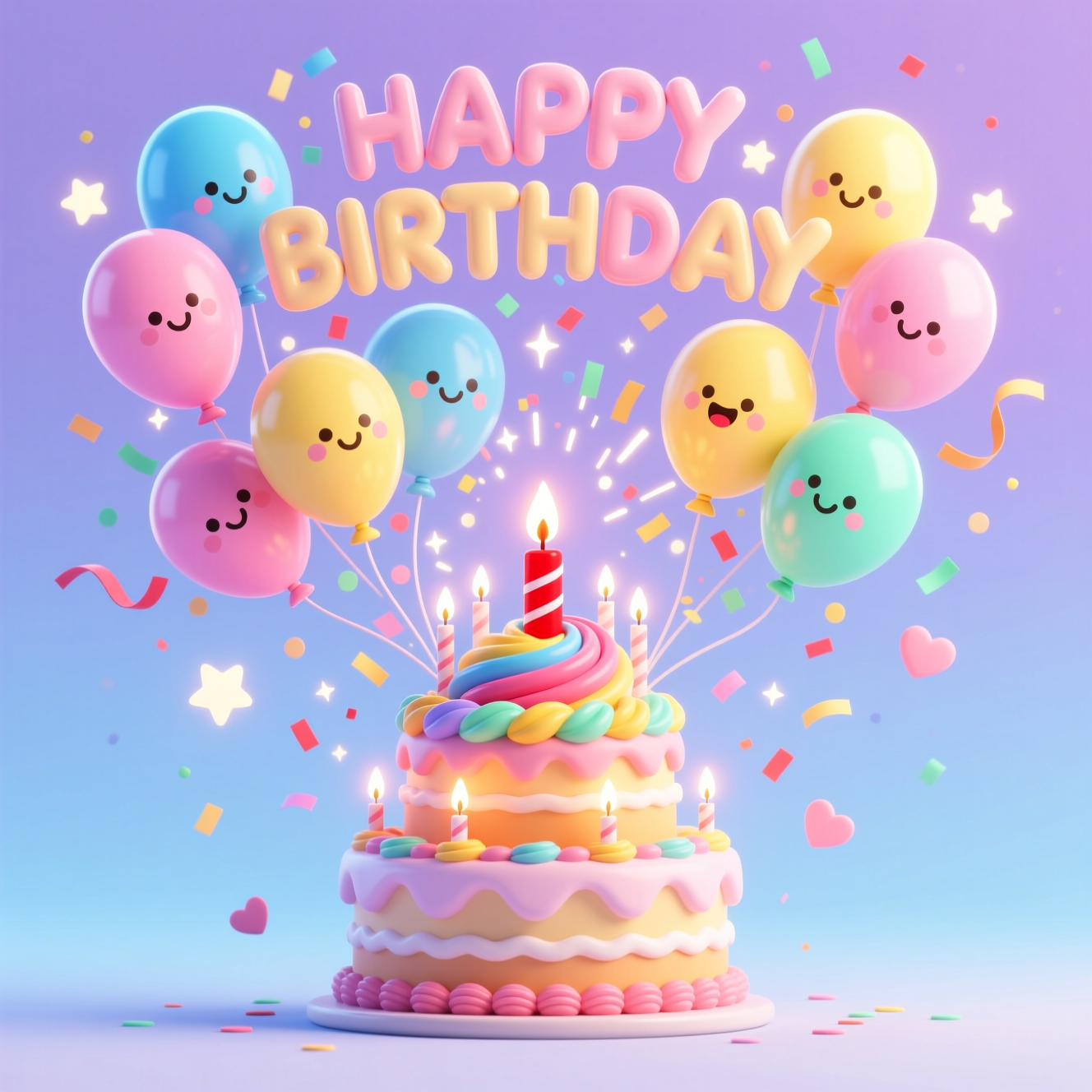 Pôster infantil divertido de feliz aniversário em desenho com balões e bolo, feito com a IA da Pixazo