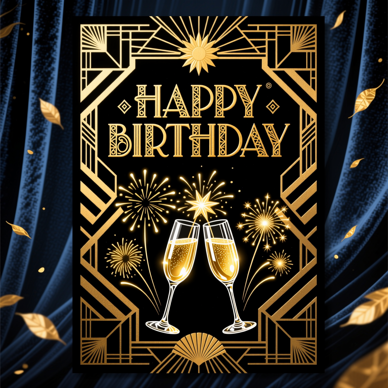 Pôster de feliz aniversário art déco elegante em preto e dourado com champanhe e fogos, feito com a IA da Pixazo